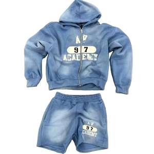 Ensemble survêtement homme vintage en coton délavé style streetwear, comprenant un sweat à capuche zippé et un short imprimé sérigraphié - Product Image 1