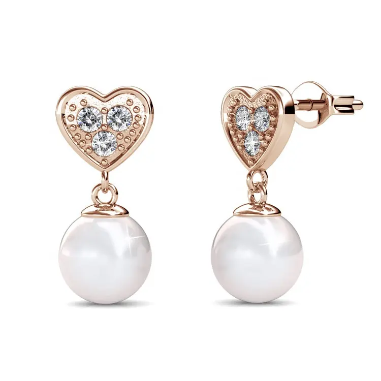 St.Claire Heart Shaped 18K Gold Plated 925 Sterling Silver Earring Stud Round White Freshwater Cultured Pearl Earrings