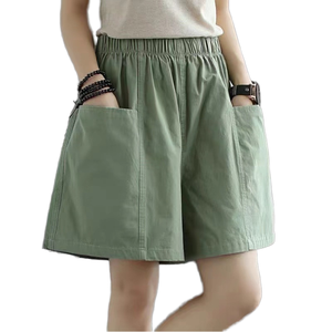 Women's Green Solid Color Elastic Waist <b>Skorts</b> With Pockets Casual Loose Fit Canvas Shorts - Product Image 2