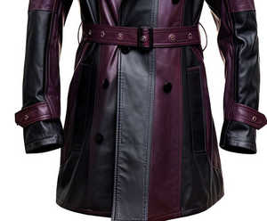 Men's <b>Purple</b> Black Genuine Leather <b>Trench</b> <b>Coat</b> Double Breasted Belted Knee Length Overcoat Notched Lapel Regular Sleeve - Product Image 4