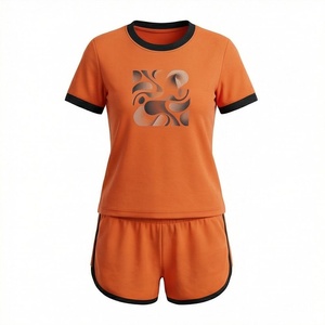 Conjunto Deportivo de 2 Piezas para Mujer, Camiseta de Manga Corta y Pantalones Cortos por Encima de la Rodilla, Cuello Redondo, Secado Rápido, Estampado Geométrico, Color Naranja - Product Image 1