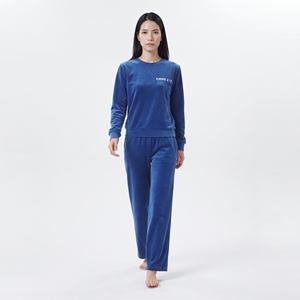 Ensemble de survêtement en velours pour femme, 2 pièces, manches longues, bleu velours, sweat-shirt à col rond, pantalon de jogging à taille élastique, hiver - Product Image 3