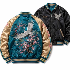 Veste bomber OEM Premium Yokosuka Sukajan réversible en satin avec broderie de grue - Product Image 5