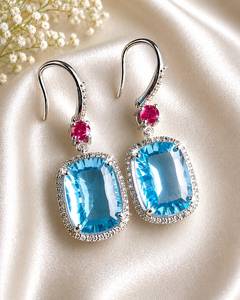 Boucles d'oreilles pendantes TASBIYA GEMS en argent sterling 925 plaqué rhodium avec topaze bleue naturelle, rubis et diamant naturel taille unique - Design tendance - Product Image 3