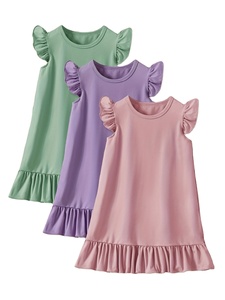 Bán Buôn Mùa Hè Màu Rắn Ruffle Hem Giản Dị Rung Tay Áo Dress Set T-Shirts Cô Gái Thời Trang Váy Dài TEE Made Trong Bangladesh - Product Image 2