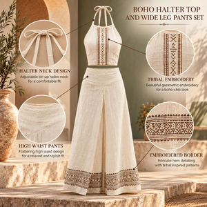 Ensemble coordonné brodé style bohème tribal |   Haut court à bretelles et pantalon large taille haute avec détails géométriques - Product Image 5