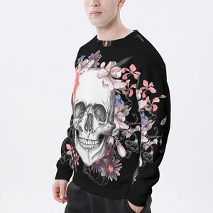 T-shirt à manches longues pour homme, col rond, imprimé floral crâne, décontracté, en polyester tricoté - Product Image 6