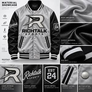 Veste de sport en satin pour homme, noire et grise, fermeture à boutons, style sportif, coupe-vent d'automne, design à patchs - Product Image 6