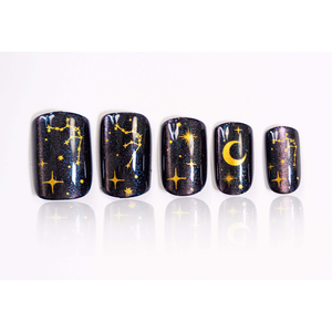 Uñas Postizas Galaxy Art Press, ABS, 24 Piezas, Forma Almendrada Mediana, Negro Brillante, Estampado de Luna Dorada Celestial, OEM ODM, Longitud Personalizada - Product Image 1
