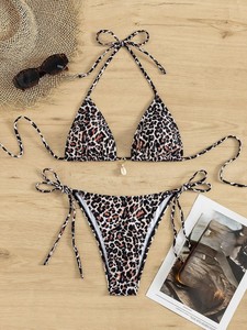 Women's Leopard Print <b>Bikini</b> <b>Set</b> Two Piece <b>Triangle</b> Top With Pearl Decoration Tie Side Bottoms Stretch Swimwear - Product Image 6
