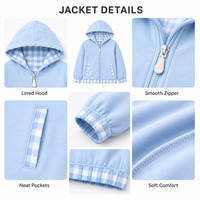 Veste à capuche unie avec fermeture éclair pour enfants filles, détail à volants en gingham, doublure intérieure à carreaux, manteau extérieur doux pour les activités quotidiennes en plein air