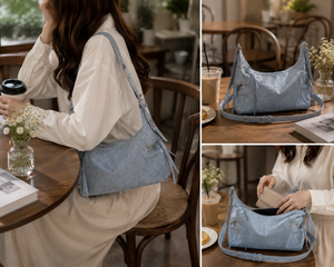 Light <b>Blue</b> Faux Leather Shoulder Bag Women Hobo <b>Purse</b> Saffiano Print Zipper Handbag Polyester Waterproof for Daily Commuting - Product Image 2