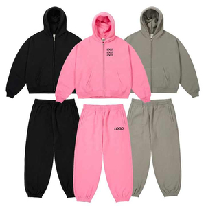 Custom logo Boxy fit Sweatsuits Unisex <b>Sets</b> Blank 100%Cotton 400gsm French Terry <b>Pink</b> Zip up Hoodie and <b>Tracksuits</b> - Product Image 5
