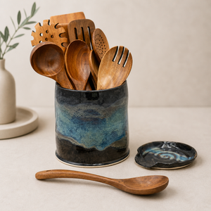 Handcrafted Stoneware <b>Utensil</b> <b>Holder</b> Ocean Glaze Finish Heavy Gauge Heat Safe Wide Mouth <b>Kitchen</b> Countertop Storage Organizer - Product Image 1