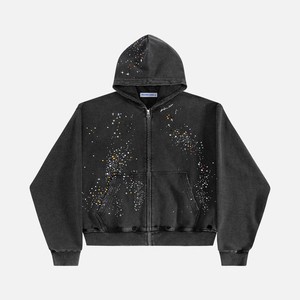 Sudadera con capucha corta de algodón grueso con forro polar, diseño de estrellas de pedrería, con cremallera, estilo vintage, lavado ácido, oversize, streetwear - Product Image 1