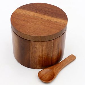 Totally Wooden Salt Cellar with Swivel Lid Acacia Wood Salt Cellar Bowl <b>Box</b> with Built-in Spoon to Avoid Dust - Product Image 1