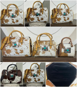 Sac Speedy en cuir de vachette style vintage, fait main, avec concho turquoise, bords surpiqués et bandoulière réglable (OEM/ODM) - Product Image 3