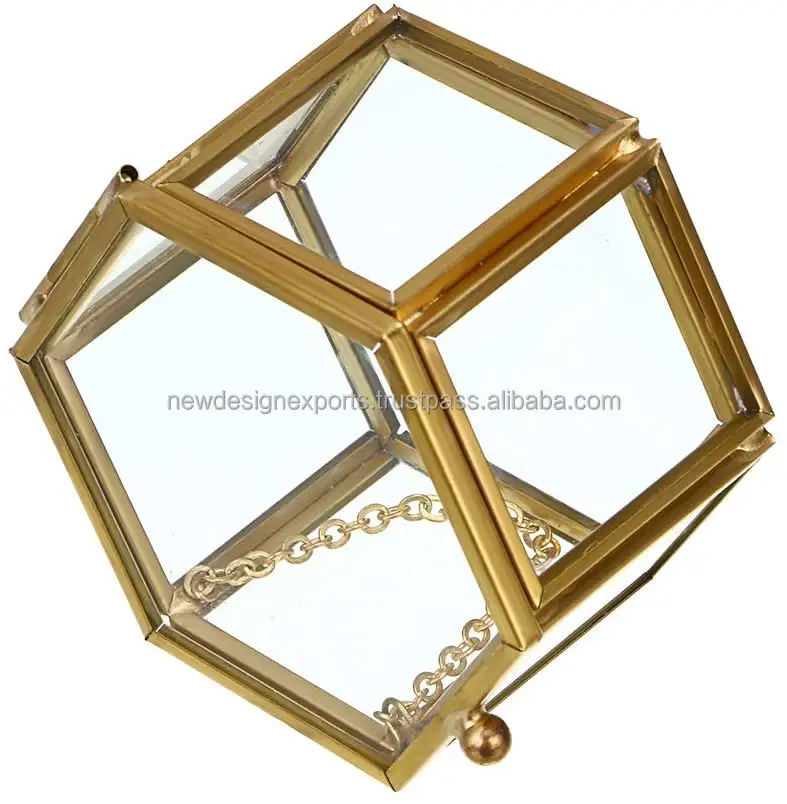 Hexagon Brass and Glass Jewelry Box Display Organizer Clear Box Rings Bracelet Golden Organizer for Wedding Birthday