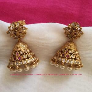 Fine Dangle Earrings Matte Small Jhumki Kamal with Pearls - Product Image 1