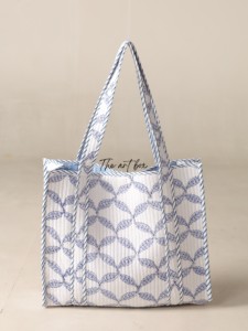 OEM Assorted Blue Leaf Quilted Cotton Tote Bag - Chic Minimalist Reusable Shopper <b>Handbag</b> - Product Image 2