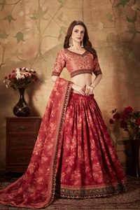 Red Floral Organza Lehenga Choli <b>Top</b> Dupatta <b>Sequin</b> Embroidery Traditional Indian Wedding Women One Set Short Knee Length - Product Image 2