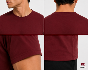 เสื้อยืดแขนสั้นคอกลมสีแดงเลือดหมูสำหรับผู้ชาย ทรงปกติ ผ้าถัก สีพื้น ย้อมสีเรียบ - Product Image 6