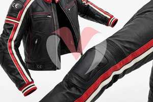 Conjunto de Chaqueta y Pantalones de Motocicleta de Cuero Negro para Hombre, Traje de Conducción Resistente al Viento con Rayas Rojas y Blancas - Product Image 5