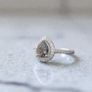 Black Rutilated <b>Quartz</b> IGI Certified High Quality 925 Sterling Silver Pear Teardrop Halo Engagement Promise Stackable <b>Ring</b> Gift - Product Image 6