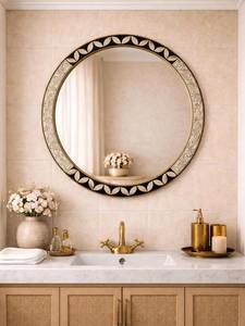 Espejo Decorativo de Pared con Incrustaciones de Hueso, Diseño Floral Grabado a Mano, Moderno y de Lujo, Personalizado para Baño - Product Image 1