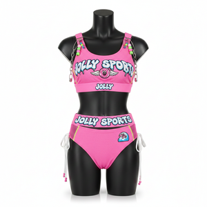 Ensemble de bikini pour femmes, 230 GSM, polyester et élasthanne, rose, avec bretelles à chaîne, design à panneaux, broderie, applique, logo personnalisé, bikinis pour femmes - Product Image 6