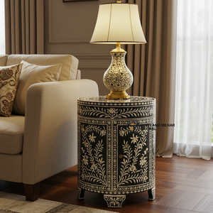 Luxury Modern Black Chevron Bone Inlay Eco-Friendly <b>Side</b> <b>Table</b> 2 Drawers Handcrafted Wooden <b>Drum</b> Accent Bedroom Furniture - Product Image 6