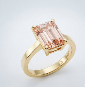 Anillo de Compromiso Minimalista de Plata 925 con Morganita Rosa Corte Esmeralda, Chapado en Oro de 18KGP, Certificado IGI, Joyería Fina para Mujer - Product Image 1