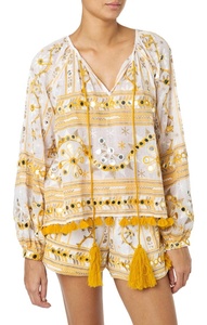 Llegada de un nuevo estilo de verano de las mujeres de la moda espejo bordado Blusa con borla decoración tradicional toque impreso único de las señoras - Product Image 5