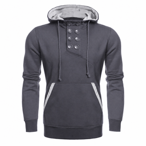 เสื้อฮู้ดผู้ชายแบบสวมหัว กระดุมสองแถว คอปก ผ้าฟลีซลำลอง มีฮู้ด - Product Image 1