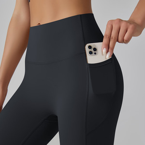 High Quality Women's Nylon High Waist <b>Leggings</b> Soft Breathable Workout Sports Pants <b>Pockets</b> Custom Logo Solid Yoga Pants - Product Image 5