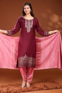 Pink Wool Winter <b>Wedding</b> Party Embroidered Dupattas <b>Shawl</b> Set Indian Pakistani Traditional Women's Outfit - Product Image 6