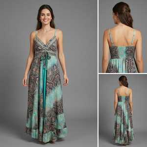 Robe longue bohème florale imprimée pour femme, col en V, bretelles spaghetti, coupe trapèze ample, taille élastique, tenue décontractée d'été avec ceinture - Product Image 3