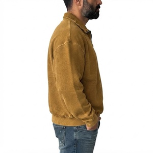 Sudadera de hombre con cremallera de un cuarto, lavado vintage, color mostaza, corte relajado, cuello simulado, manga larga, informal, mezcla de algodón, para otoño e invierno - Product Image 3