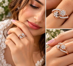 Anillo de Diamantes Florales para Mujer, Chapado en Oro de 14k, Banda de Oro Rosa, Ajustable, Joyería para Compromiso, Boda o Fiesta - Product Image 5