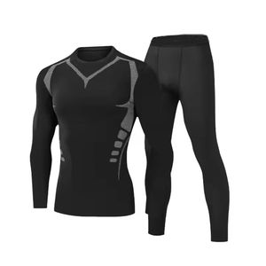 Conjunto de compresión de manga larga para hombre, color negro, cuello redondo, de secado rápido, licra y poliéster, top de manga larga y pantalones, kit sólido para todas las estaciones - Product Image 1