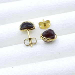 Garnet Round Wire Wrapped <b>Stud</b> <b>Earrings</b> 8mm | Handmade Brass And Silver Red Gemstone <b>Studs</b> | January Birthstone <b>Crystal</b> Jewelry - Product Image 6