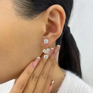 Élégantes boucles d'oreilles pendantes en or jaune avec diamants de laboratoire taille ronde, style cluster avant-arrière, pour femme, bijoux fins - Product Image 4