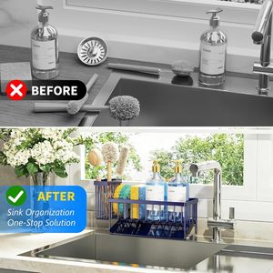 Organisateur d'évier en acier inoxydable 304 bleu marine, support pour éponge et brosse, pour ustensiles et accessoires de nettoyage ménager de cuisine - Product Image 6
