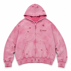 Sweat-shirt à capuche zippé rose vieilli pour homme, en molleton de coton oversize, style streetwear déchiré, fermeture éclair intégrale, décontracté, vente en gros - Product Image 2