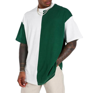 T-shirt décontracté à manches courtes et col rond pour homme, coupe classique, style urbain, avec empiècements contrastants en maille, blanc et vert, en molleton. - Product Image 1
