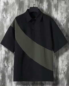 Men's Color Blocking Polo Shirt Patchwork Design Casual Style Black and Olive Green Short Sleeve Top - Product Image 2