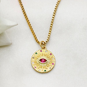 925 Sterling Silver Gold Plated Sunburst Evil Eye Pendant <b>Necklace</b> <b>Pink</b> CZ Medallion Box Chain Wholesale Jewelry - Product Image 1