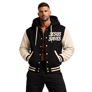 Blouson universitaire imperméable et écologique pour homme, style baseball, noir et beige, avec capuche, personnalisable, thème JESUS SAVES, style Letterman, motif religieux sur le devant - Product Image 1