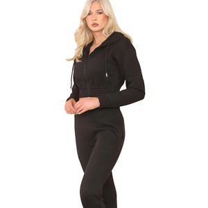 Conjunto Deportivo de Sudadera Corta Negra para Mujer, Pantalones Jogger de Algodón Premium, Ropa Deportiva para Gimnasio, Atuendo Informal de Invierno - Product Image 1