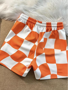 Shorts de sport décontractés pour hommes, à carreaux orange et blanc, séchage rapide, avec cordon de serrage, taille mi-haute, en tissu satiné - Product Image 4